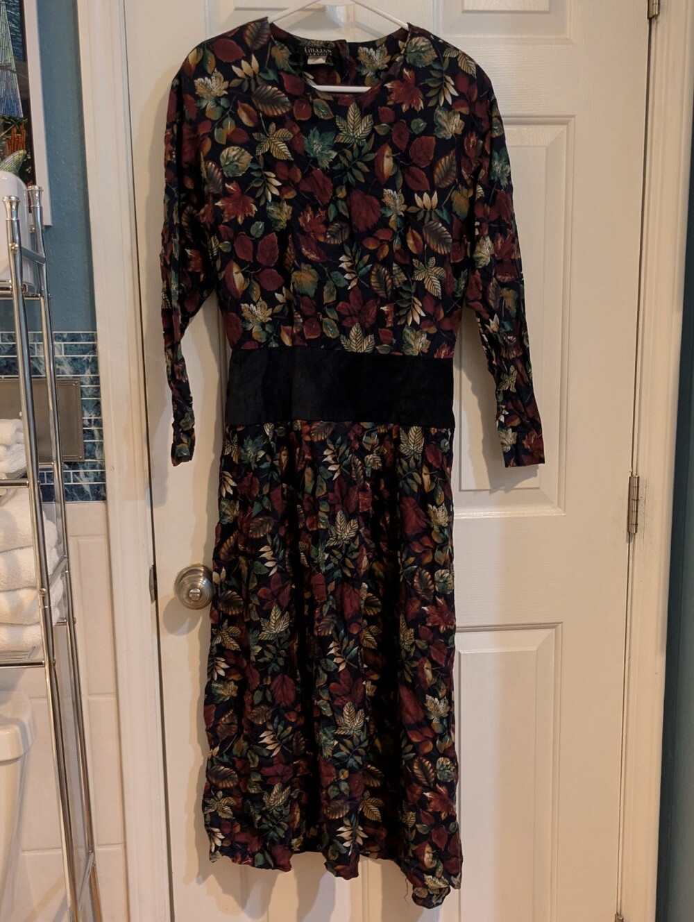 Women's Long-Sleeve Floral Midi Dress with Black Waist Panel